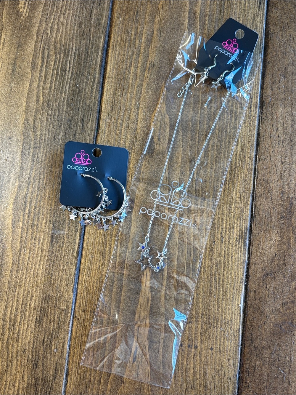 paparazzi Silver Star Pendant Necklace with Blue Accent & Star Hoop Earrings